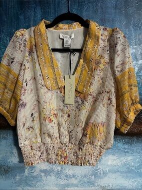 Rachel Zoe Cream Blouse with Yellow Floral Accents